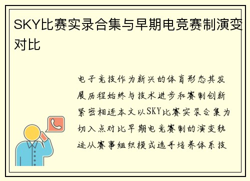 SKY比赛实录合集与早期电竞赛制演变对比